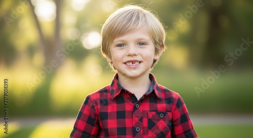 Happy young boy with blonde hair smiling in a red plaid shirt standing outside in a park with soft golden sunlight during the day