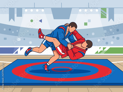 Dynamic Sambo Combatants Locked In Intense Grappling Match On Arena Mat