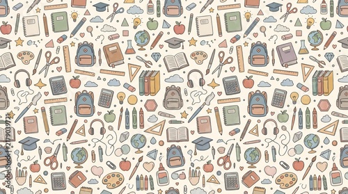 Back to School Seamless Pattern with Education and School Supplies