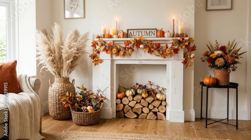 A beautifully styled rustic fireplace mantel decorated for the cozy autumn season with pumpkins and foliage