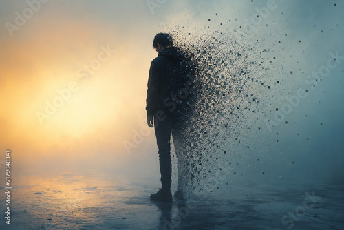 AI generated solitary man dissolving into digital particles misty environment warm cool light representing loss change isolation transformation