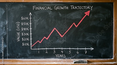 Financial growth trajectory line graph drawn on chalkboard showing rising revenue over seven years period.