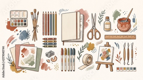 Watercolor Art Supplies and Creative Drawing Tools on White Background