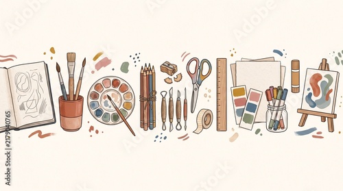 Watercolor Art Supplies and Creative Drawing Tools on White Background