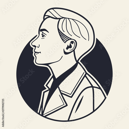 Minimalist vector line art icon of a young person in profile view for user avatar with vector illustration displays solid circular background