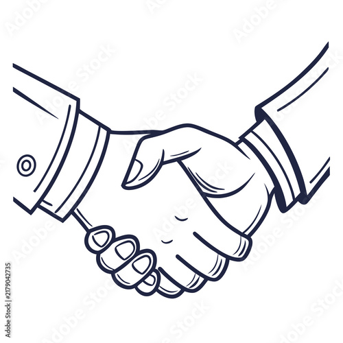 A minimal black and white vector illustration of two people shaking hands in agreement with business attire shaking white line art hands simple