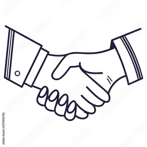 Minimal line art vector icon of a professional handshake representing a business agreement with simple black white line drawing two hands shaking each other formal business setting