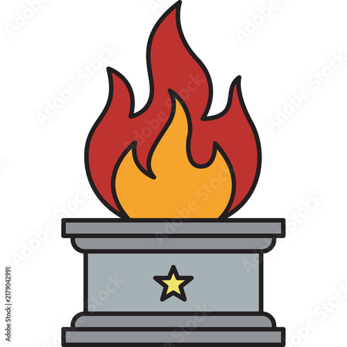 A flat vector graphic of a red and orange flame burning atop a grey pedestal decorated with a yellow star, isolated on a black background.