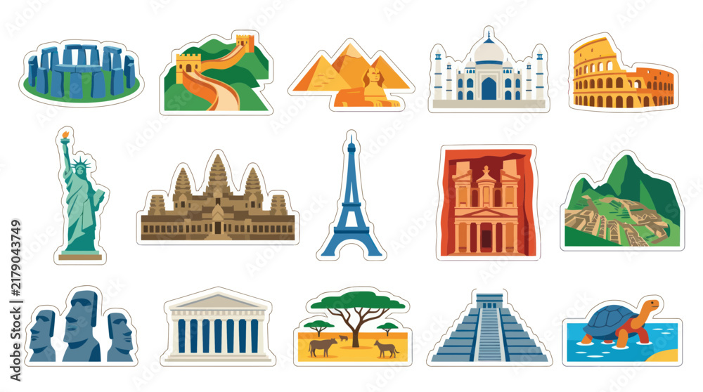 Obraz premium Flat Style Icons of World Famous Landmarks and Monuments Travel Vector Set