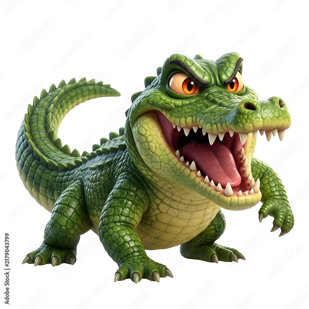 Fototapeta premium Cartoon animal with a funny angry face and green crocodile features