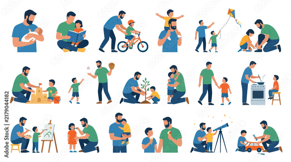 Fototapeta premium Flat Style Illustration of Father and Son Activities, Family Bonding, Childhood