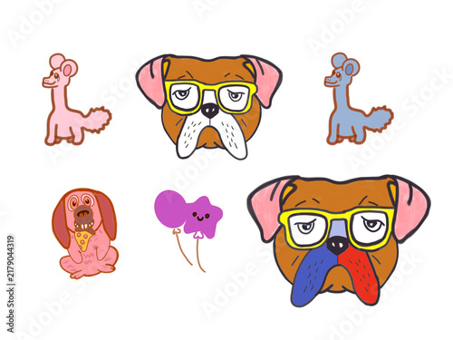 Cute hand-drawn dog sticker collection set featuring cool bulldogs with glasses, poodles, pizza-eating dog, and balloons isolated on a white background. 