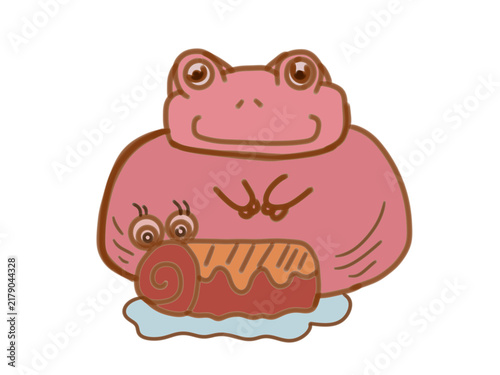 Cute hand-drawn illustration of a happy pink frog character with a swiss roll cake isolated on a transparent background. 