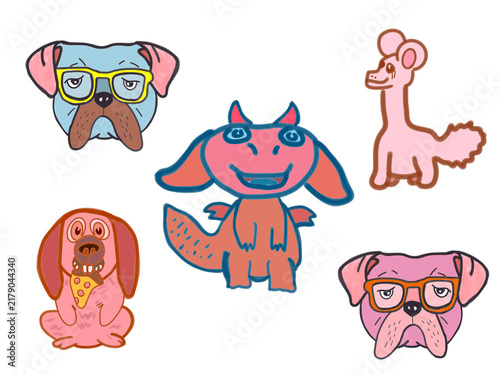 Cute hand-drawn sticker collection set featuring hipster bulldogs, poodles, pizza-eating dog, and a friendly baby dragon isolated 
