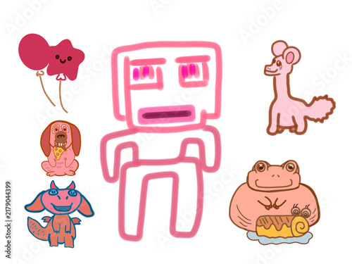 Cute hand-drawn sticker collection set featuring a pink robot, baby dragon, frog with cake, dogs, and star balloons isolated on a transparent background. 