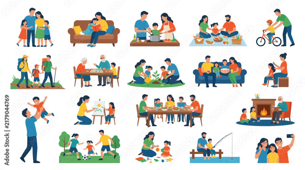 Fototapeta premium Happy Family Lifestyle Flat Vector Illustration Parents, Kids and Grandparents Engaging in Various Activities