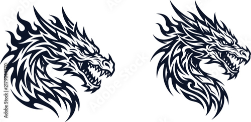 Tribal dragon head silhouettes with flame patterns in bold tattoo style black vector illustration design