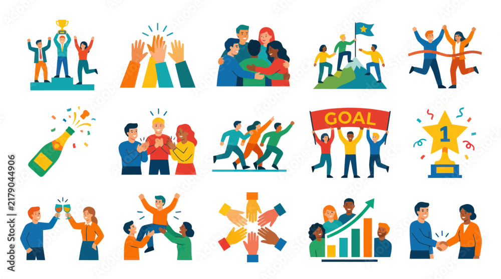 Fototapeta premium Flat Style Vector Icons of Teamwork Success, Celebration, and Achievement