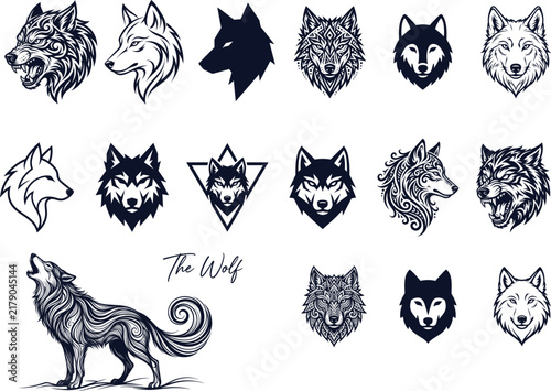 Stylized wolf illustrations and logos in tribal, geometric, and ornamental vector designs with howling wolf artwork