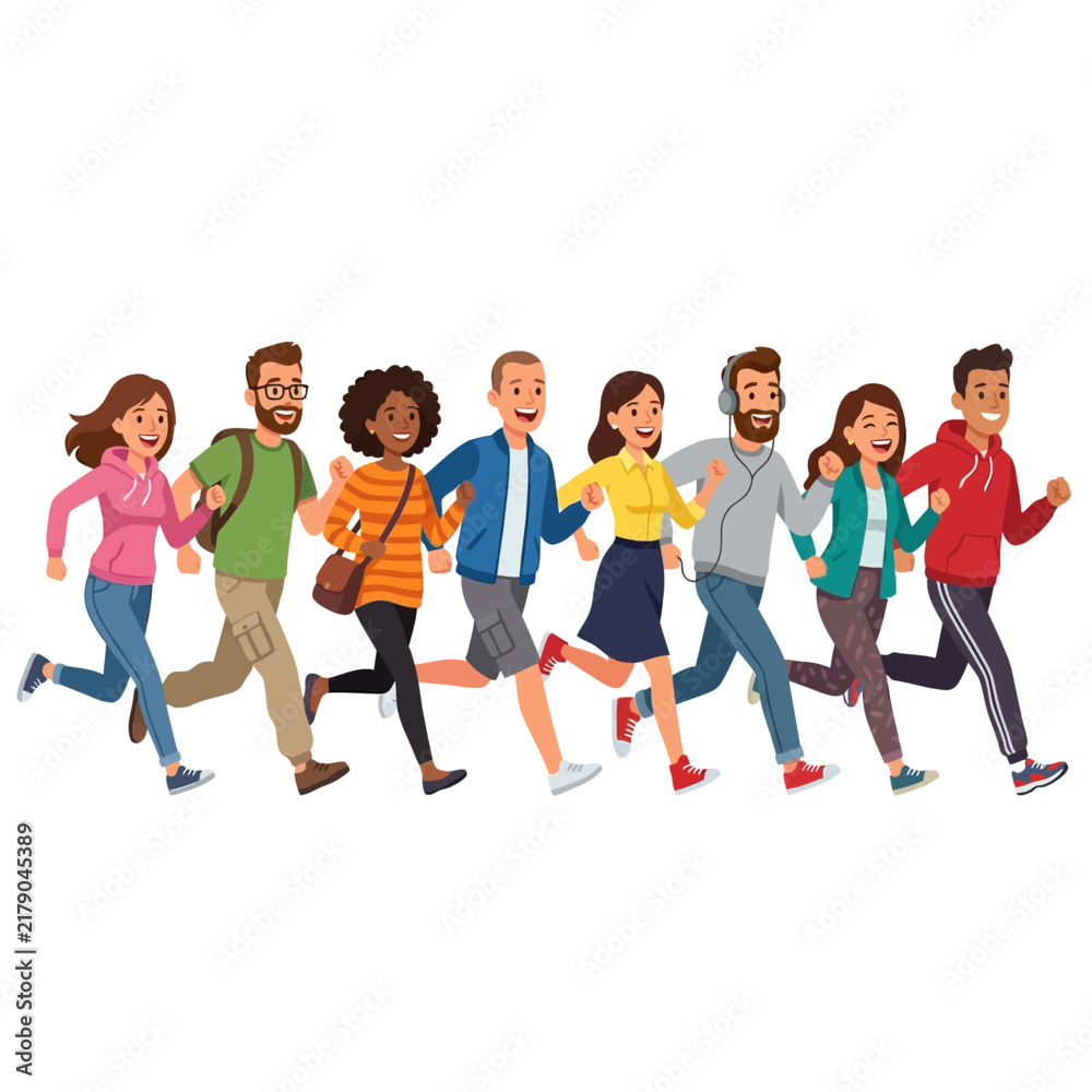 Obraz premium Diverse Group Of People Running Together In A Line Energetic Motion