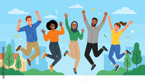 Diverse Group of Friends Joyfully Jumping in Celebration
