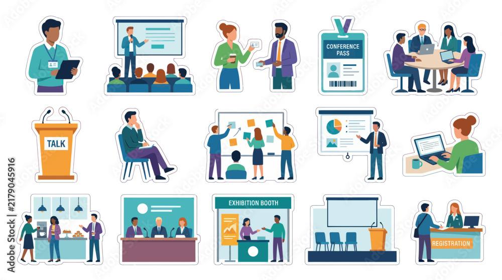Naklejka premium Flat Style Illustration of Business Conference, Meeting, Presentation, Networking
