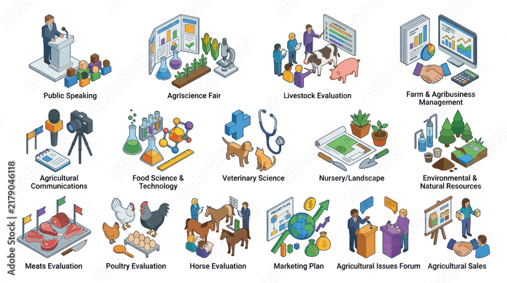 Fototapeta premium Isometric Agricultural Icons: Livestock, Food, Science, Business, and more - Flat Design