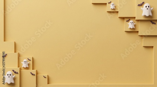 Halloween frame with cute ghosts and bats on yellow background for holiday greeting card