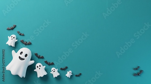 Cute Halloween ghosts and bats on teal background for holiday party invitation design