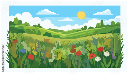 Summer Flower Field and Countryside Landscape with Blue Sky Vector