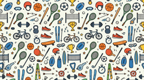 Colorful Doodle Pattern Of Sports Equipment And Athletic Gear For Active Lifestyles