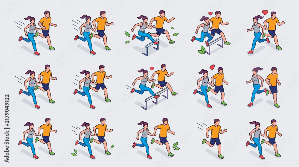 Fototapeta premium Couple Running And Jumping Over Hurdles Dynamic Isometric Sports Illustrations