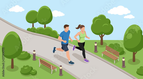 Couple Jogging Together In A Lush Green Park On A Sunny Day