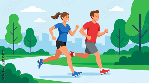 Couple Running Together In A Vibrant City Park Scene