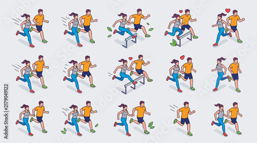 Couple Running And Jumping Over Hurdles Dynamic Isometric Sports Illustrations
