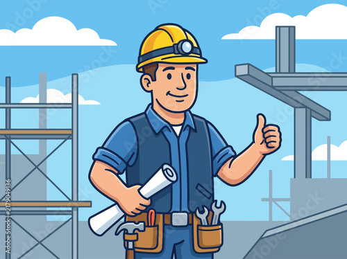 Construction Worker With Plans Gives Thumbs Up Approval On Site