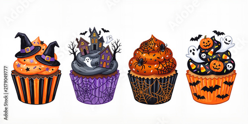 Row of four Halloween cupcakes, colorful gouache dessert collection with spooky decorations isolated on white background