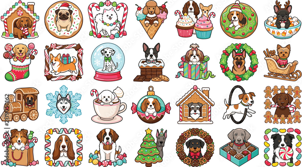Fototapeta premium Kawaii Christmas Dog Vector Sheet with Cute Puppies in Gingerbread Houses Holiday Wreaths Snow Globes and Festive Treats for Winter Sticker Designs