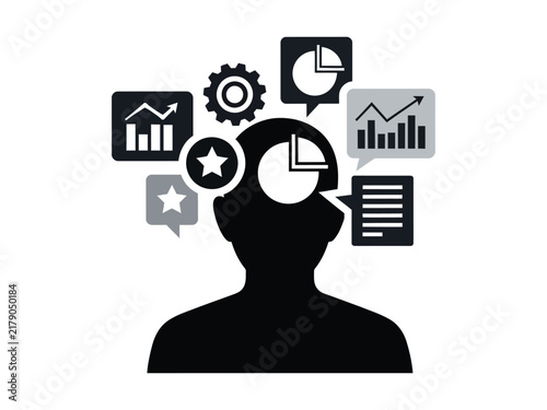 Data analysis human head silhouette, business intelligence concept vector, brain infographic icons