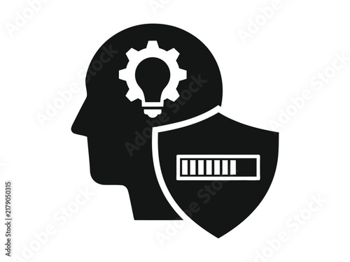 Intellectual property protection icon, human head with lightbulb and shield, patent law vector graphic