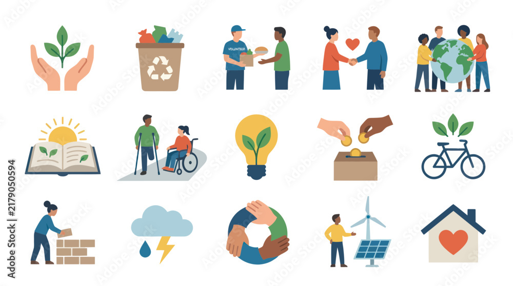 Fototapeta premium Diverse Charity Icons: Volunteering, Sustainability, Community, Support, Help