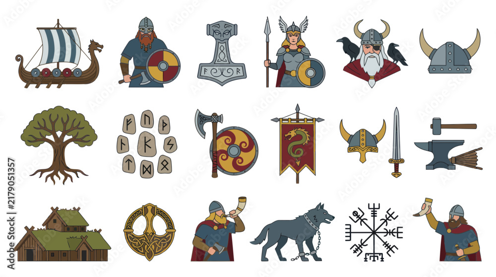 Fototapeta premium Viking Culture and Norse Mythology Flat Vector Illustration Icons Set. Scandinavian Historical Elements Symbols.