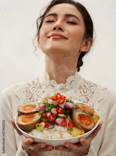 Serene young woman holding a vibrant plate of Asian cuisine, symbolizing health and nourishment