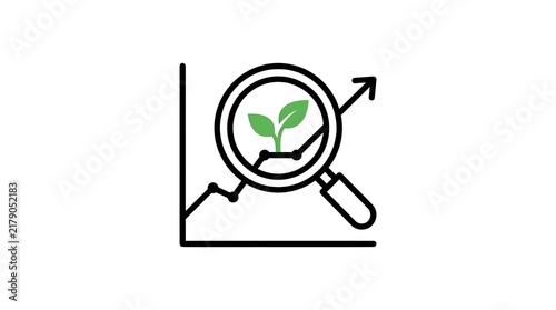 Magnifying Glass with Green Sprout on Growth Chart Line Icon


