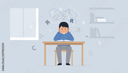 Young boy feeling frustrated and confused while studying at desk with scattered alphabet letters depicting dyslexia or learning difficulties.
