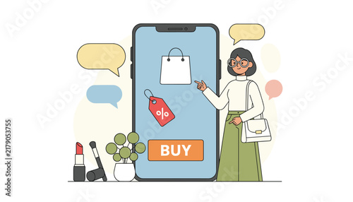 Stylish young woman choosing cosmetics and clothes on a giant smartphone screen displaying an online store app.