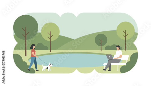 Peaceful public park landscape showing a woman walking her dog and a man working on a laptop on a bench by a quiet pond.