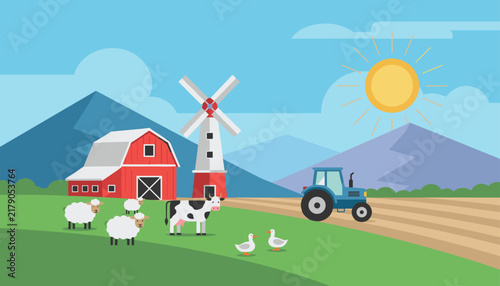 Picturesque farm landscape with red barn, white windmill, grazing cows and sheep, swimming ducks, and a blue tractor in the fields.