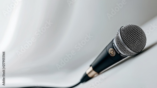 Handheld dynamic microphone lying on smooth white surface with soft studio lighting and shallow depth of field, with microphone, handheld, dynamic, grille detail