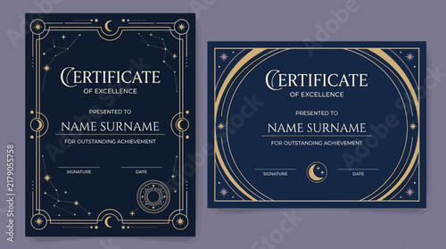 Photography Elegant celestial achievement certificate templates with mystical golden astrolo